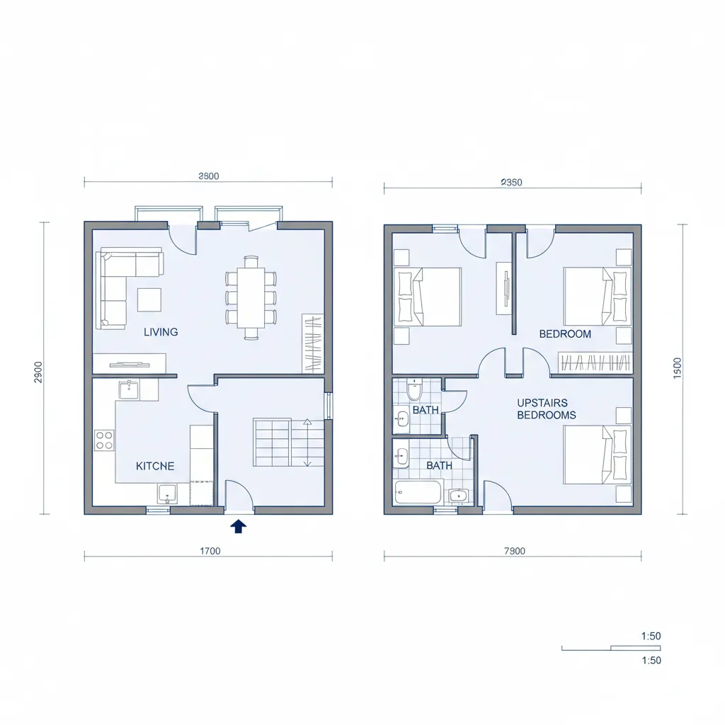 Plano arquitectónico de una casa de 70 m² con dos niveles