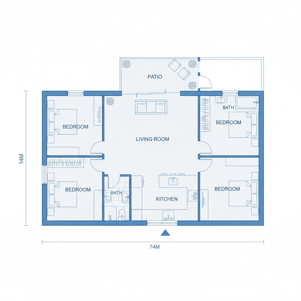 Plano arquitectónico de una casa en terreno 7x14