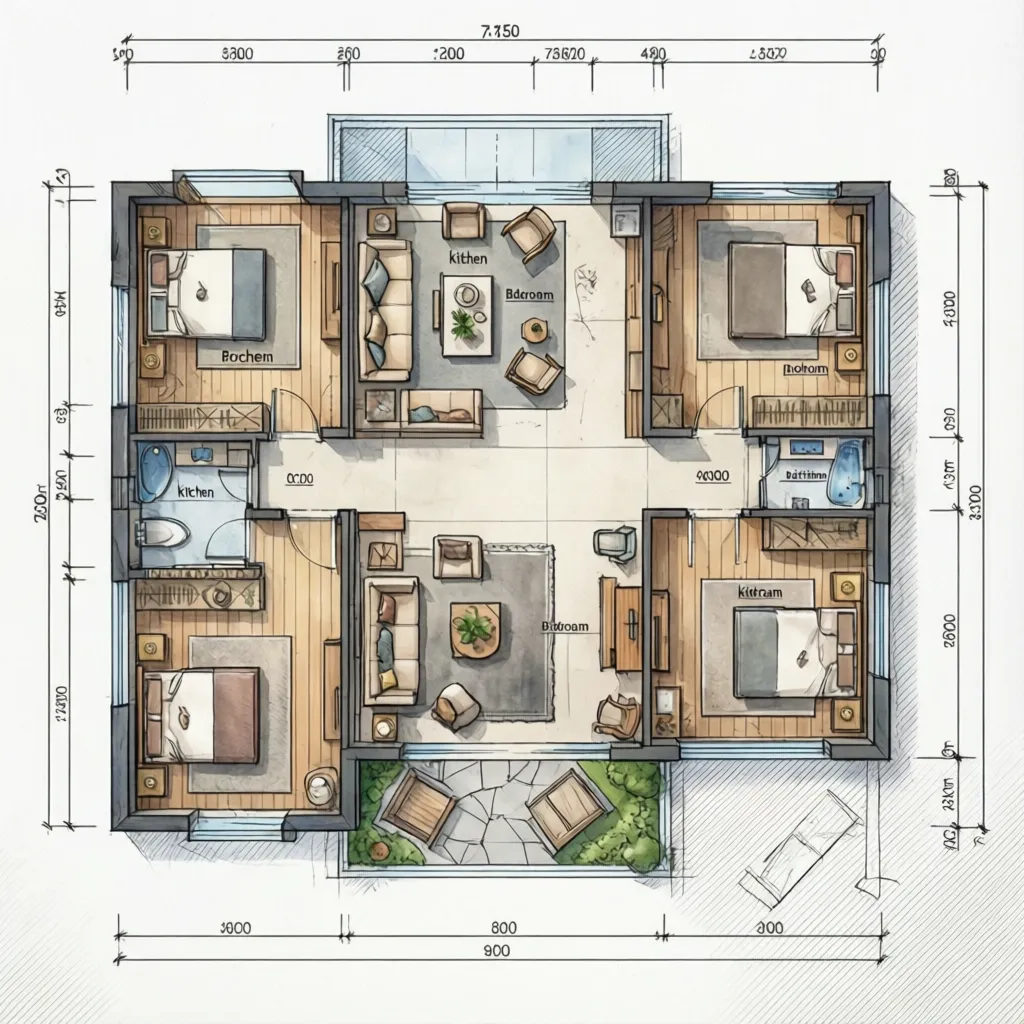 Plano arquitectónico de casa en terreno de 7x15 con distribución longitudinal