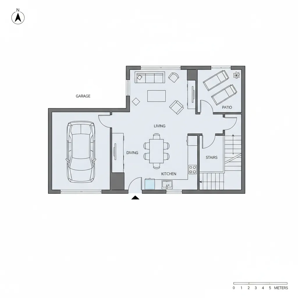 Plano arquitectónico de distribución para casa en lote de 7x15 metros