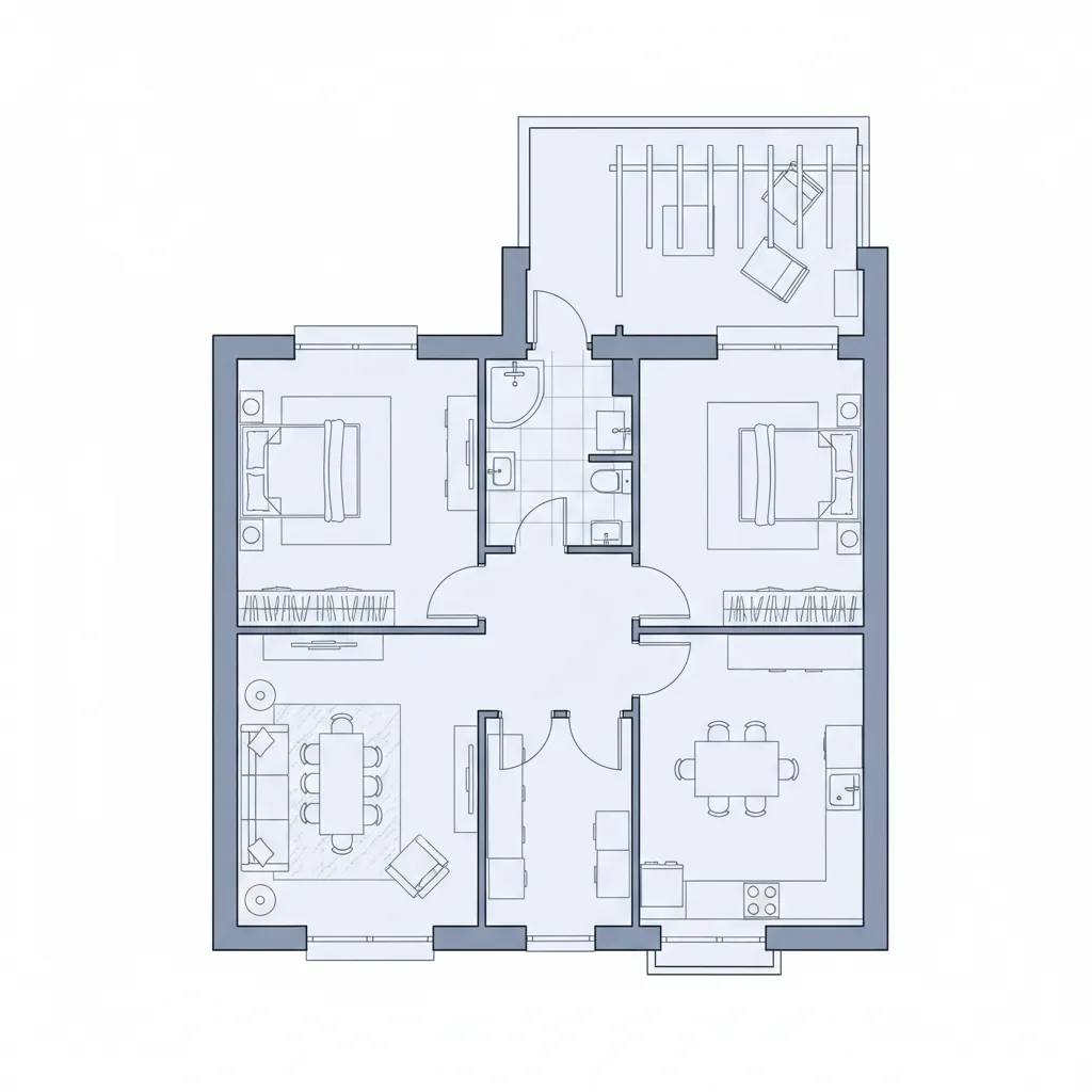Detailed 2D floor plan drawing with two bedrooms, bathroom, kitchen, living area and outdoor balcony.