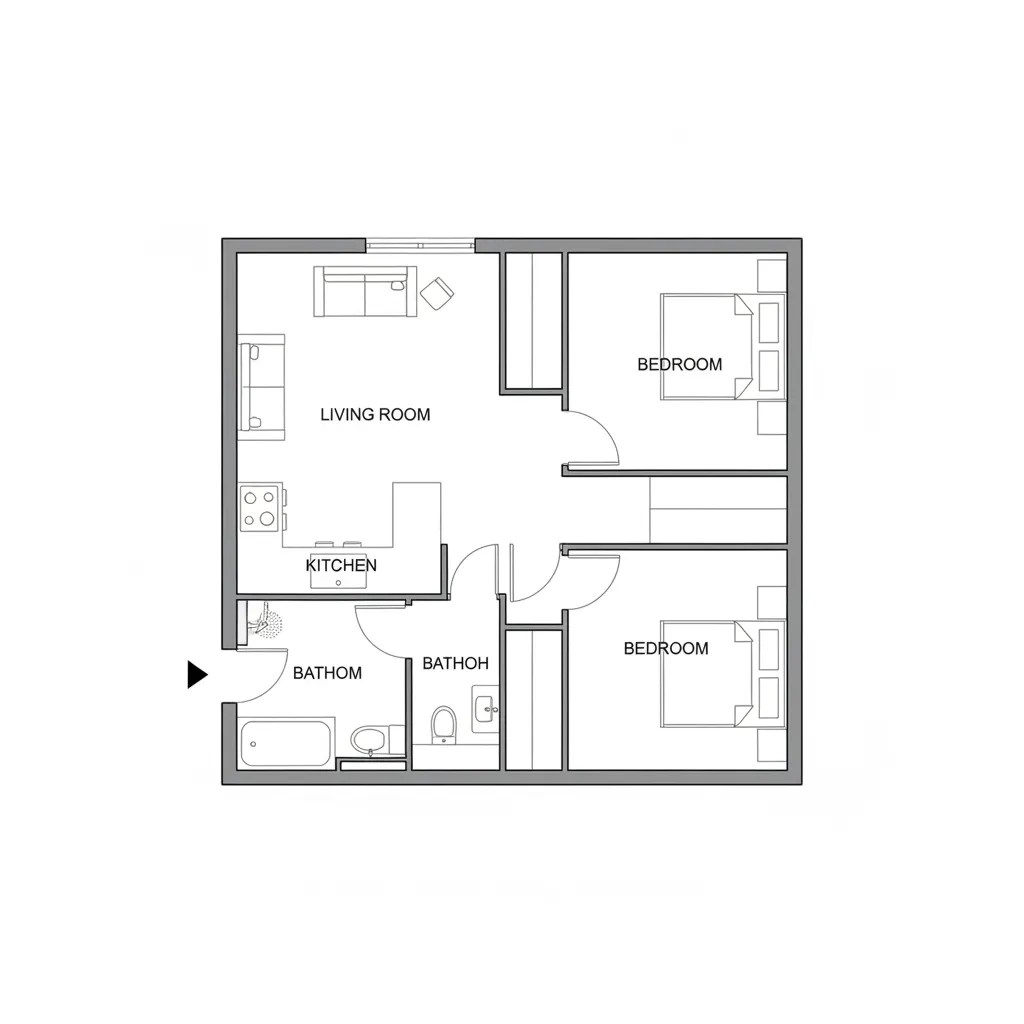 2D room layout showing two bedrooms living room kitchen and bathroom with simple black lines