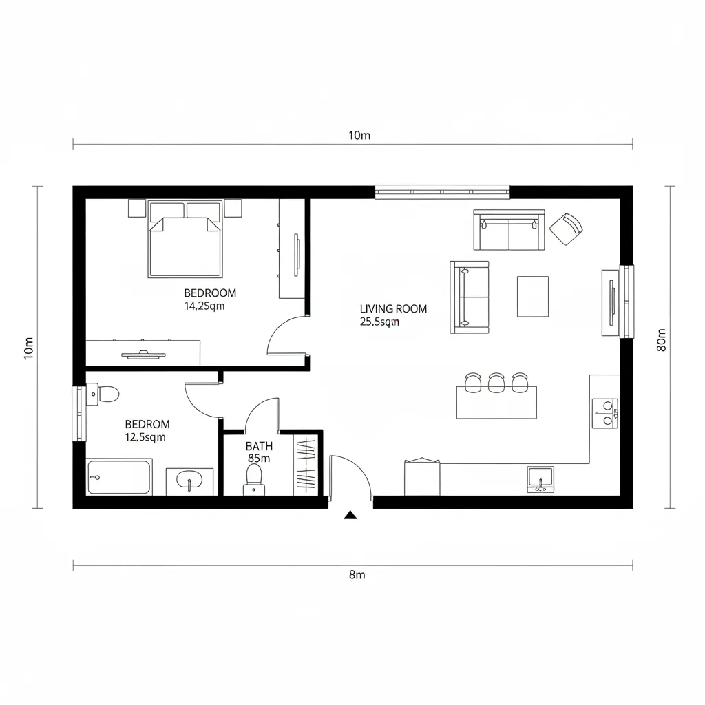 plano arquitectónico de una casa de 80 metros cuadrados