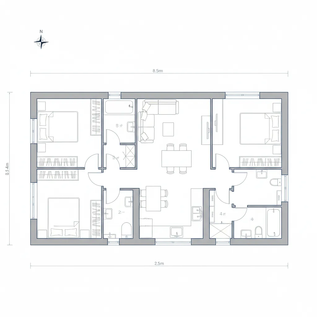 plano de casa de 80 metros cuadrados con tres dormitorios