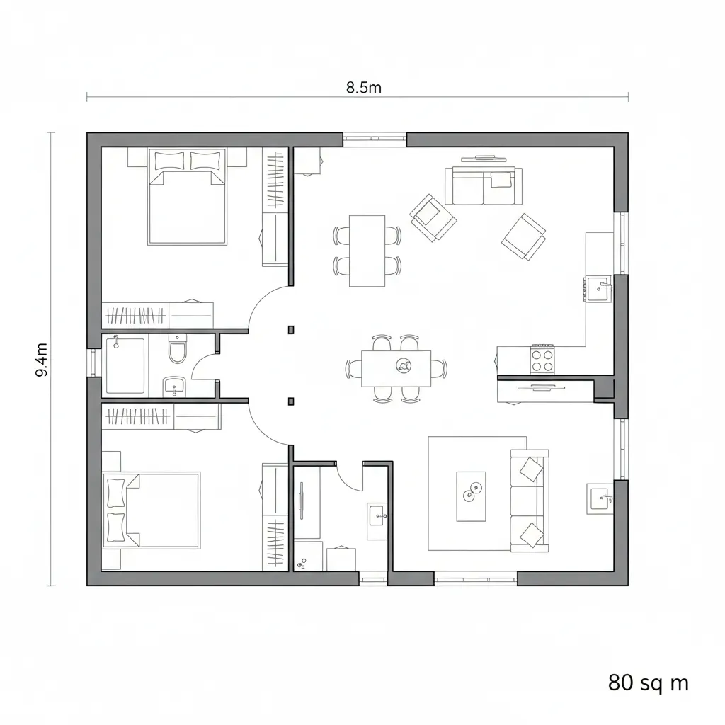 Plano arquitectónico de una casa de 80 metros cuadrados con dos dormitorios y salón abierto