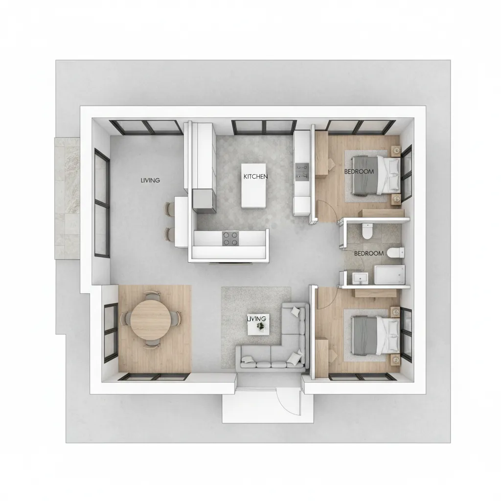 3D floor plan layout showing two bedrooms, one bathroom, kitchen, living room, and dining area
