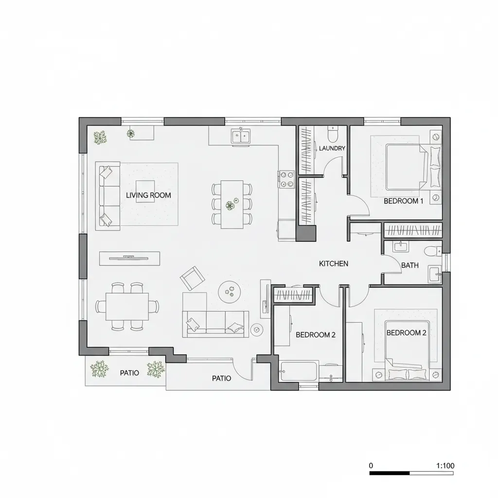 Plano arquitectónico de una casa de 8x10 metros con sala y cocina abierta