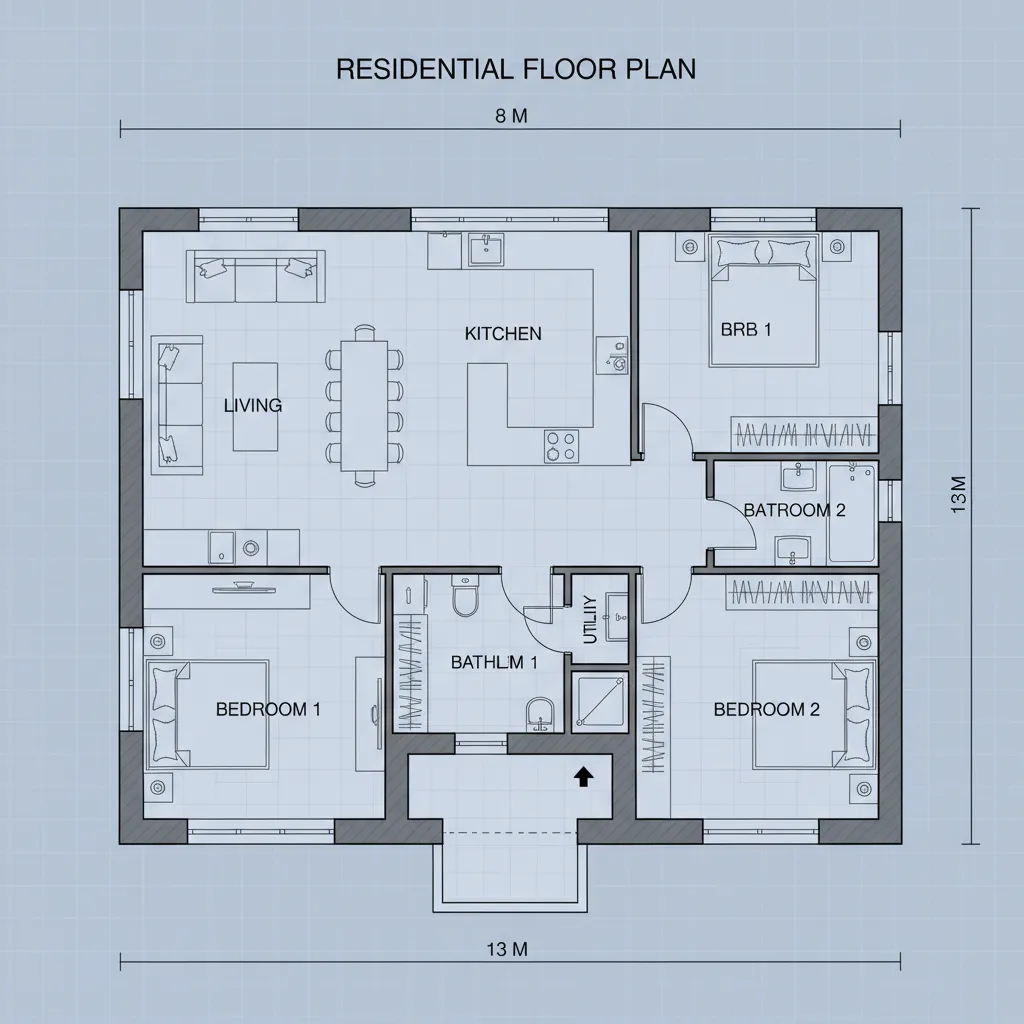 Plano arquitectónico de una casa de 8x13 metros con distribución funcional