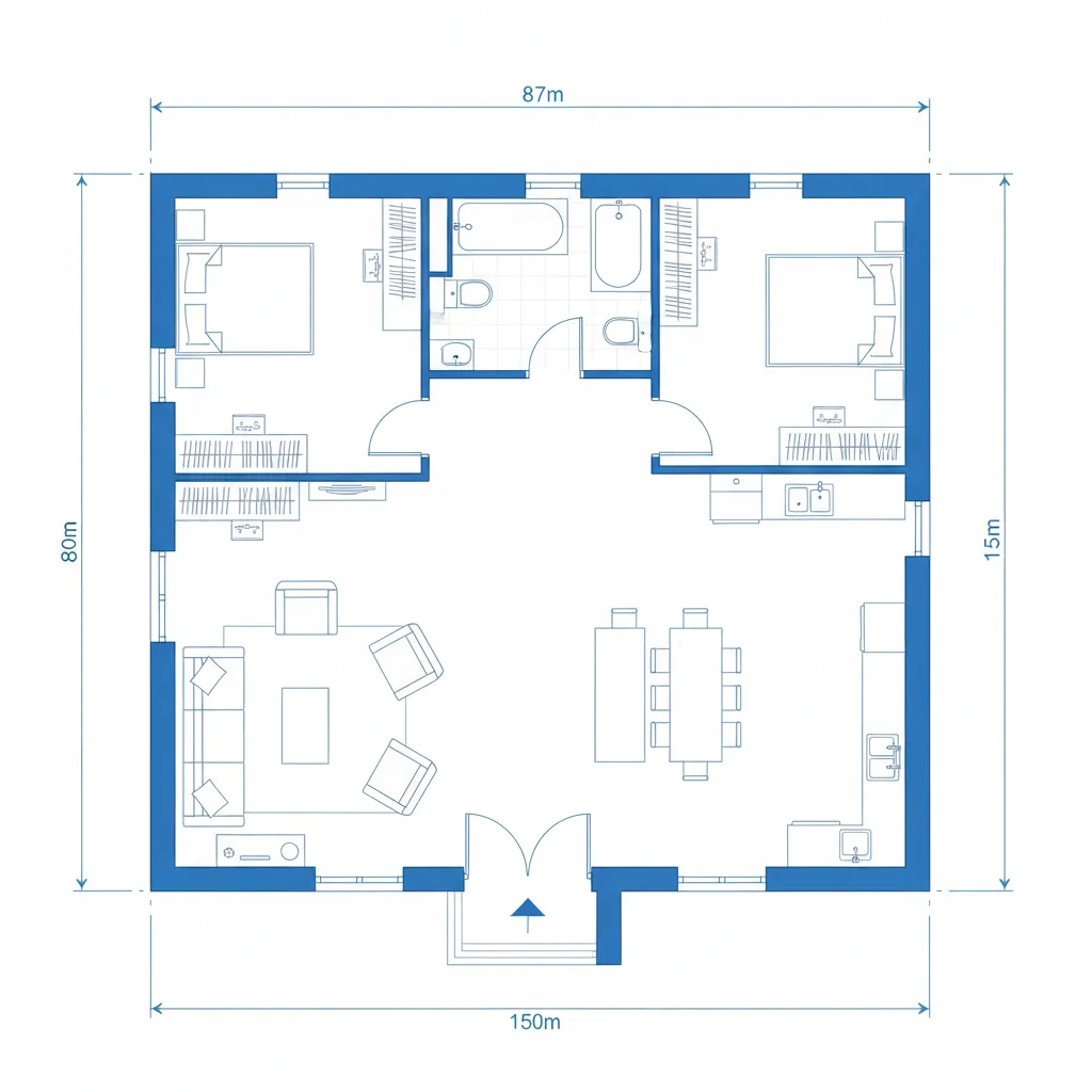 Plano arquitectónico simple de casa 8x15 con sala, cocina y dormitorios