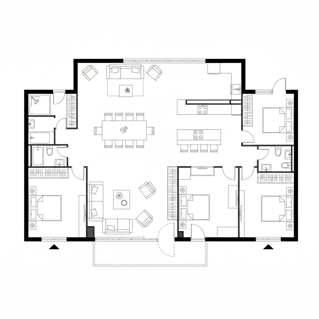 Plano arquitectónico de una casa con terreno 8x18 mostrando distribución abierta