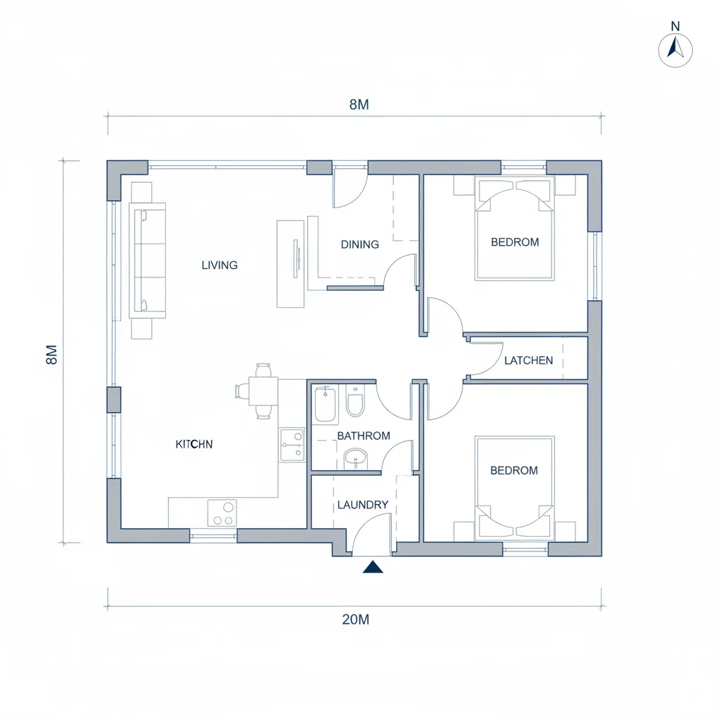 Plano arquitectónico de distribución para una casa de 8x20 metros