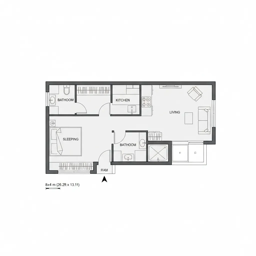 Black and white 2D floor plan showing a small apartment with kitchen living and sleeping areas