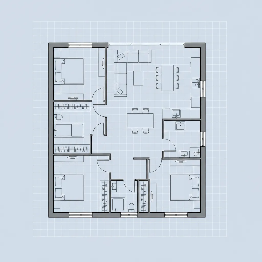 Coohom 2D floor plan showing three bedrooms and an open living room with kitchen area