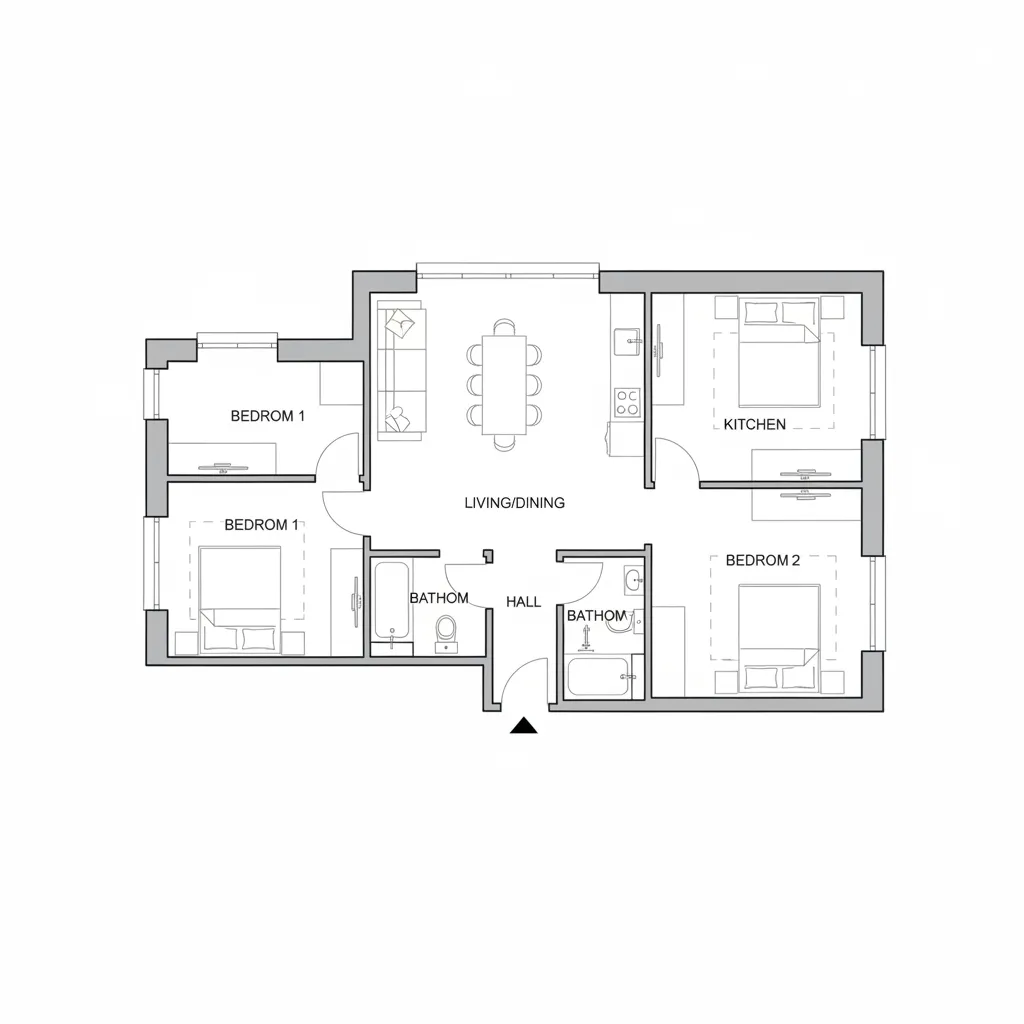Plano arquitectónico de una casa de 90 metros cuadrados con distribución eficiente