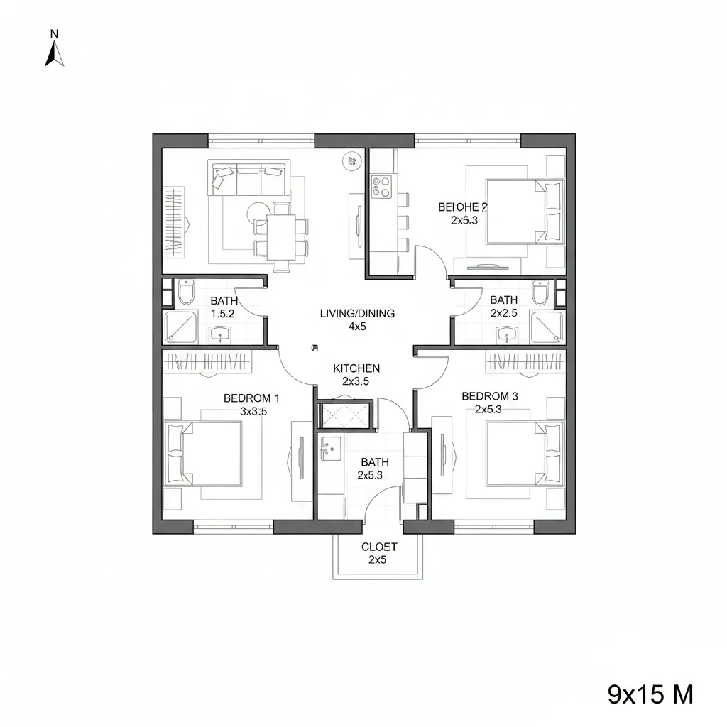 Plano de casa 9x15 con tres dormitorios y baño compartido