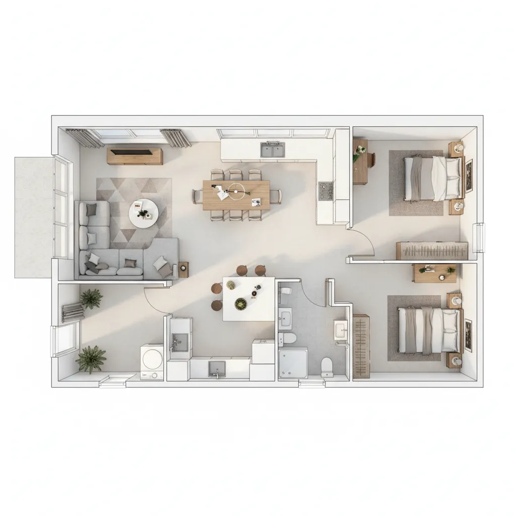 Plano de distribución básica para una casa de 9x9 metros