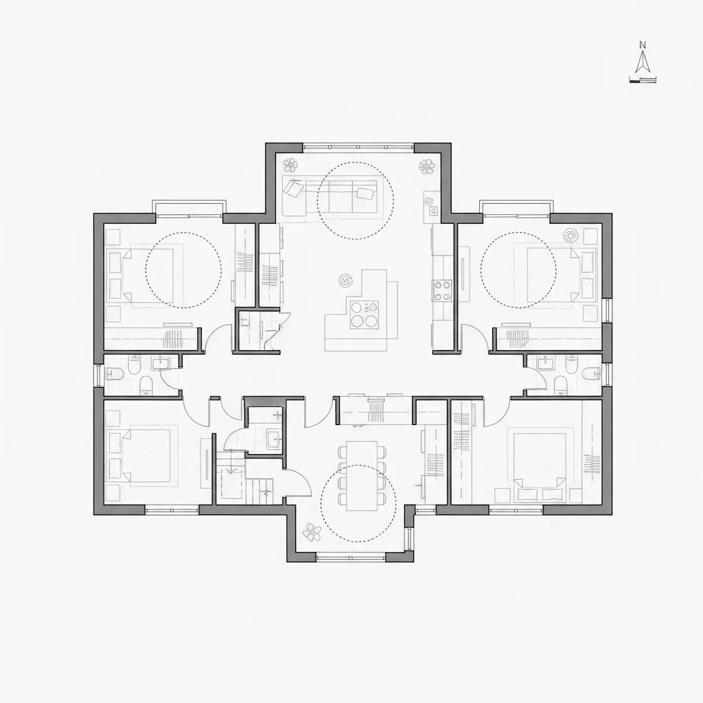 Plano arquitectónico de una casa accesible de una sola planta con pasillos amplios
