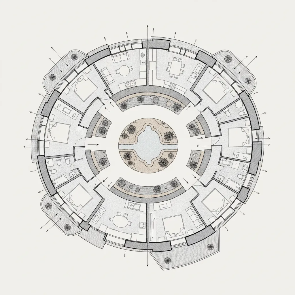 Circular interior design drawing showing round building layout with multiple rooms and a central garden