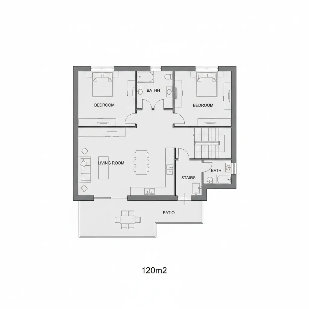 Plano arquitectónico de distribución para casa adosada de 120m2