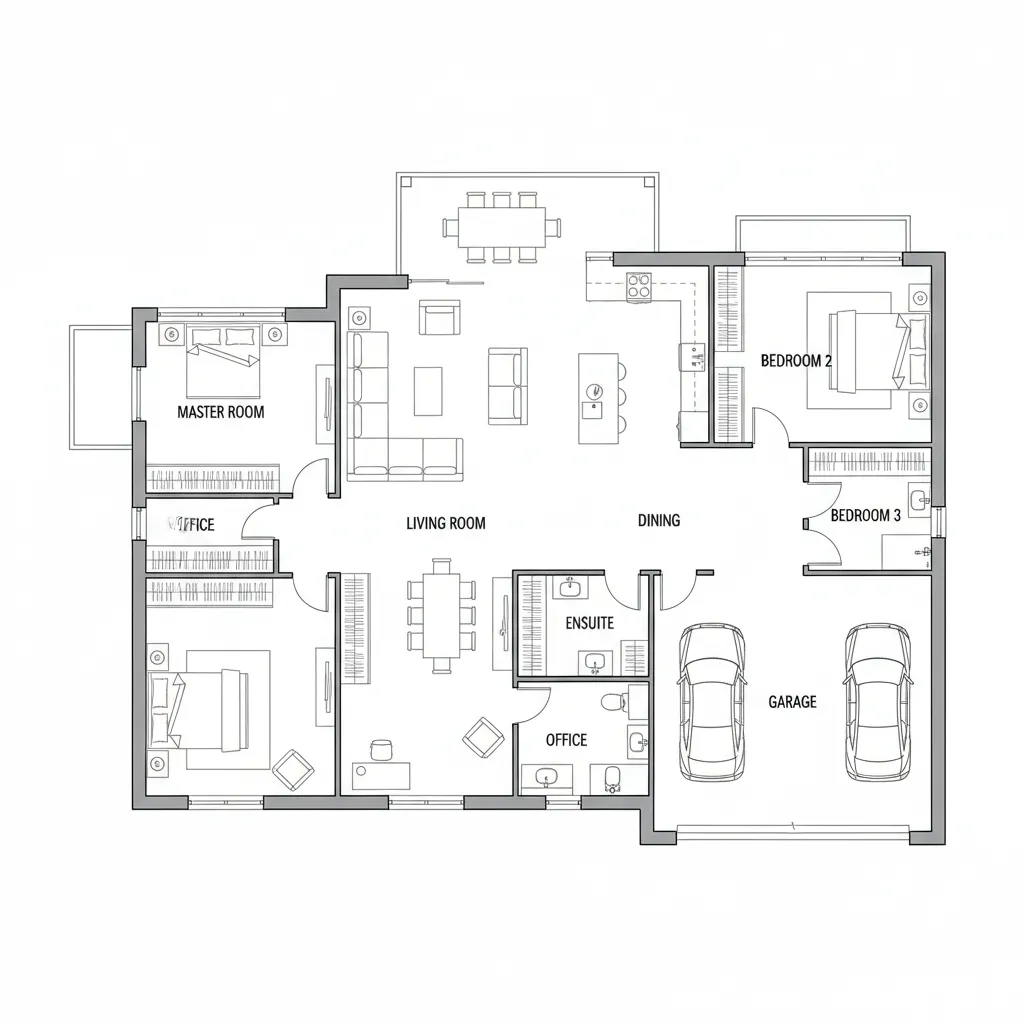 Detailed floor plan showing three bedrooms two offices dining area kitchen and a large garage