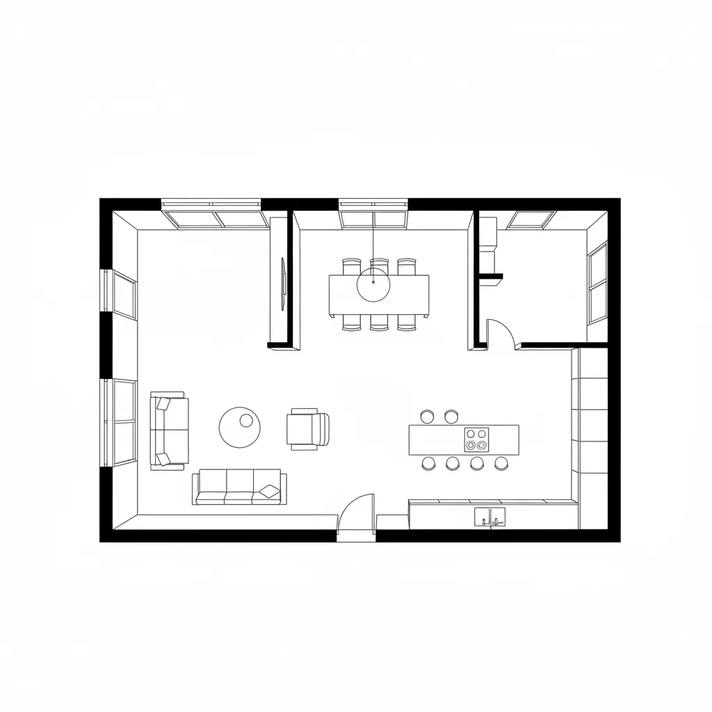Plano de distribución moderna de una casa Bauhaus con espacios abiertos