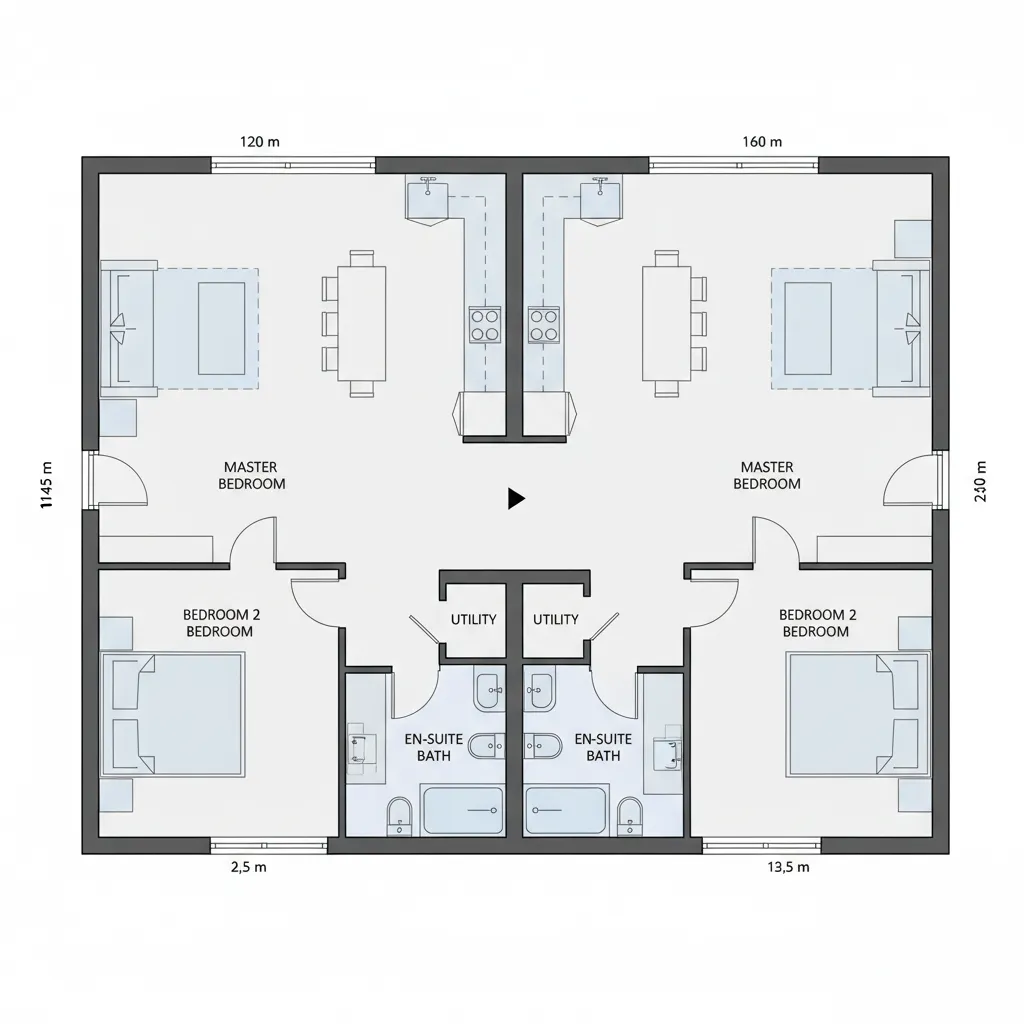 Two family house floor plan showing mirrored units with bedrooms bathrooms kitchens and dining areas