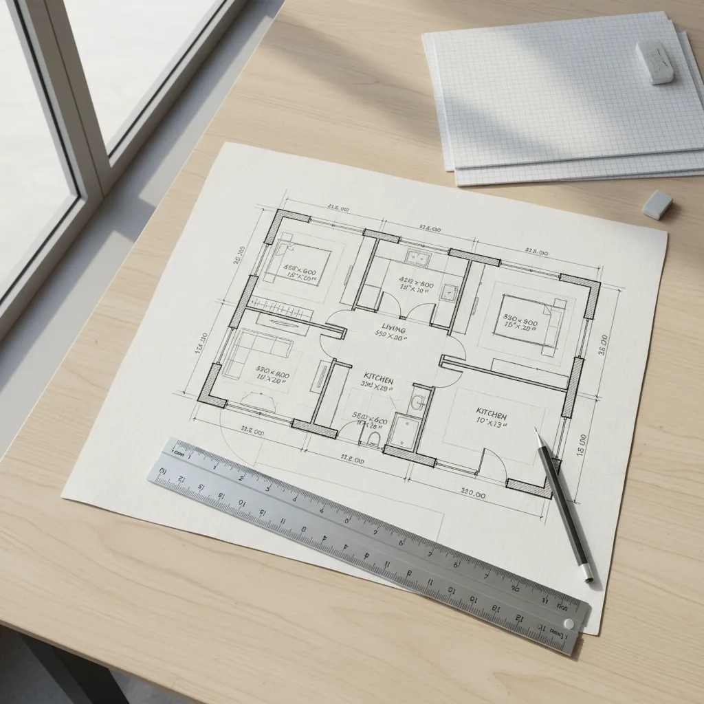 Plano de planta de una vivienda dibujado con medidas y distribución de habitaciones