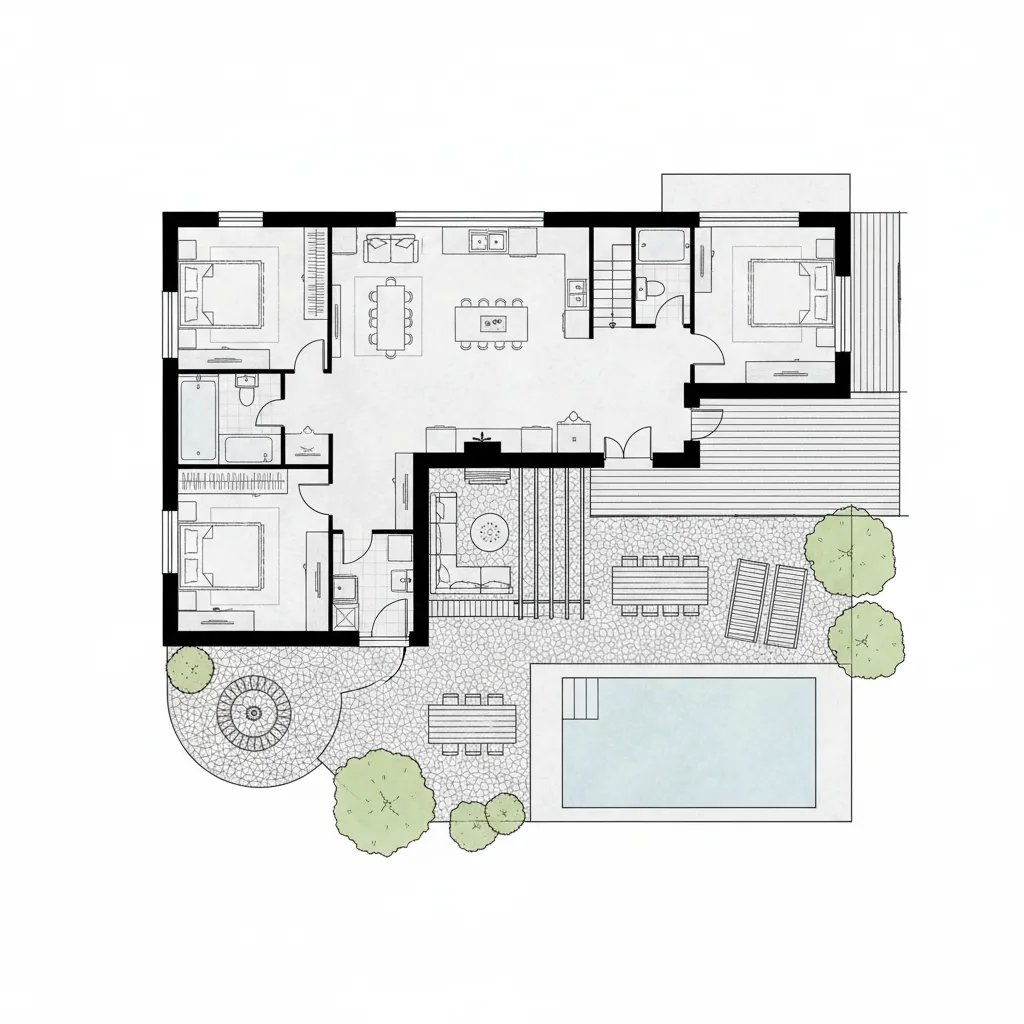 Plano arquitectónico de casa campestre en forma de L con patio y terraza