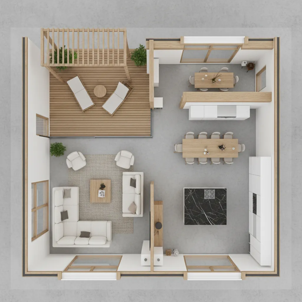 Plano 3D de distribución para una casa de campo con terraza y sala abierta