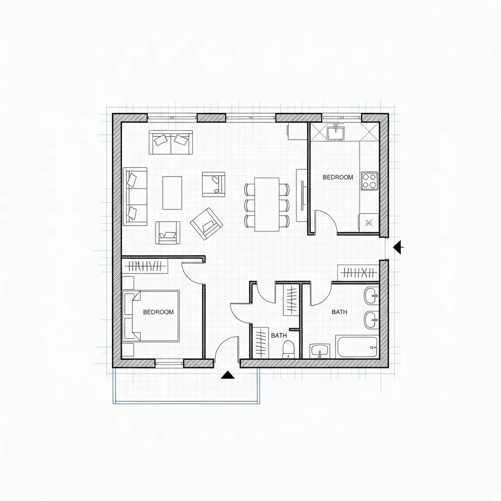 Plano de casa de campo con salón cocina y comedor integrados
