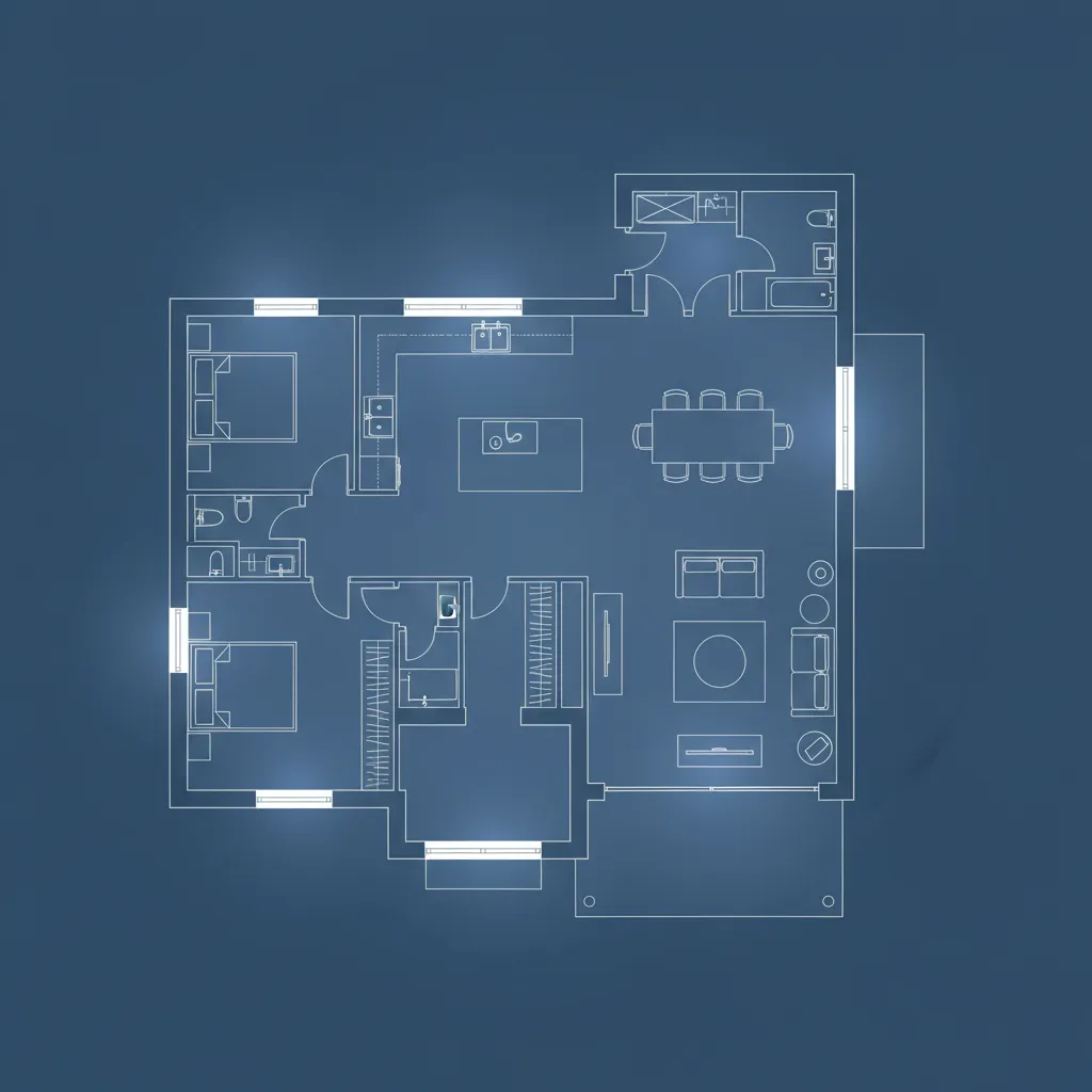 Plano arquitectónico abierto de una casa de campo