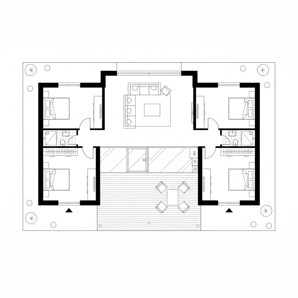 Plano arquitectónico de casa de campo con distribución funcional