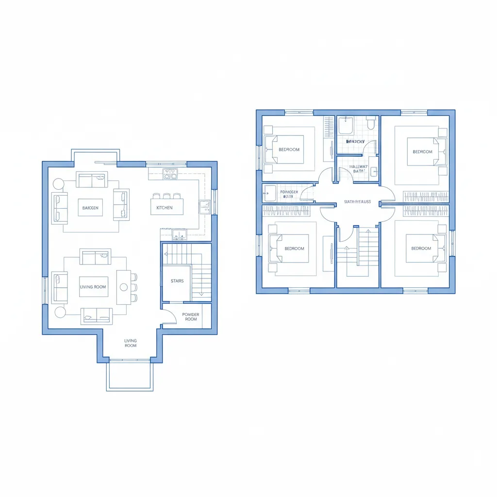 Plano arquitectónico de una casa de campo de dos pisos