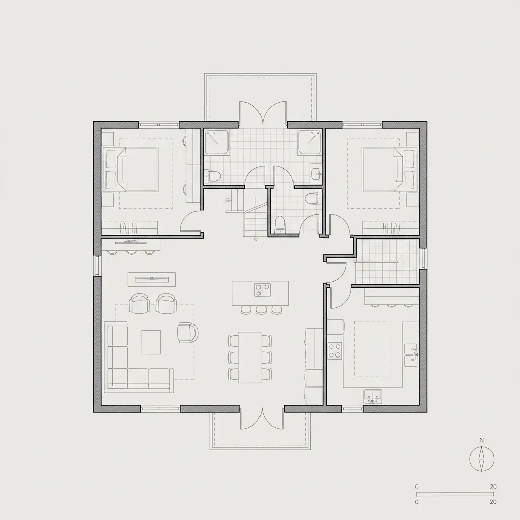 Plano arquitectónico de una casa de campo de dos plantas con zonas diferenciadas