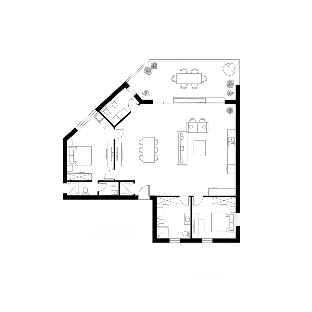 Plano arquitectónico simple de casa de campo en forma de L