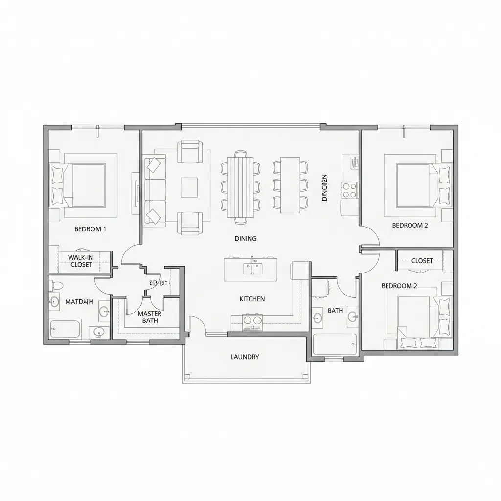 Plano simple de distribución de una casa de campo pequeña