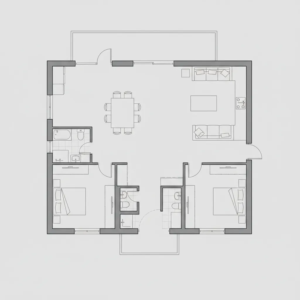 Simple 2D floor plan showing two bedrooms living room dining area kitchen and small bathroom layout