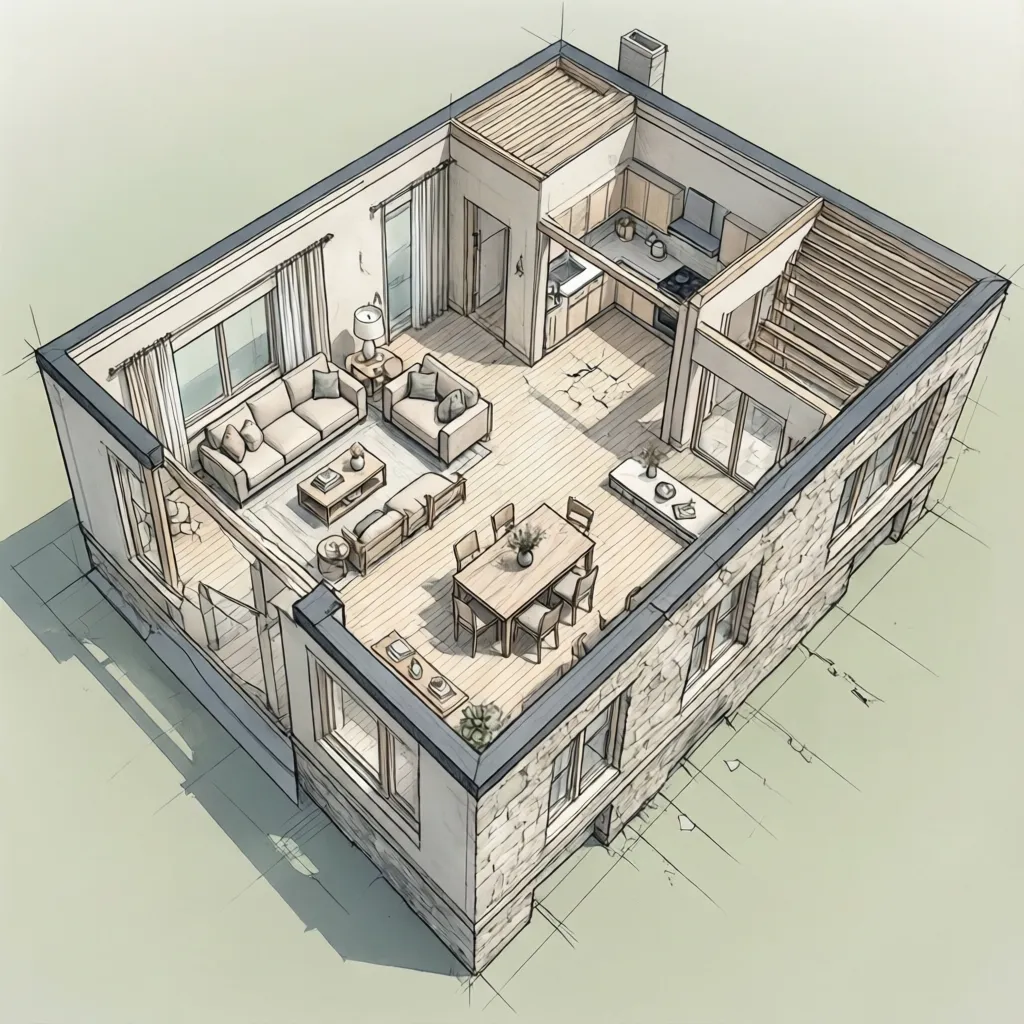 Plano arquitectónico de una casa de campo de una planta con distribución abierta