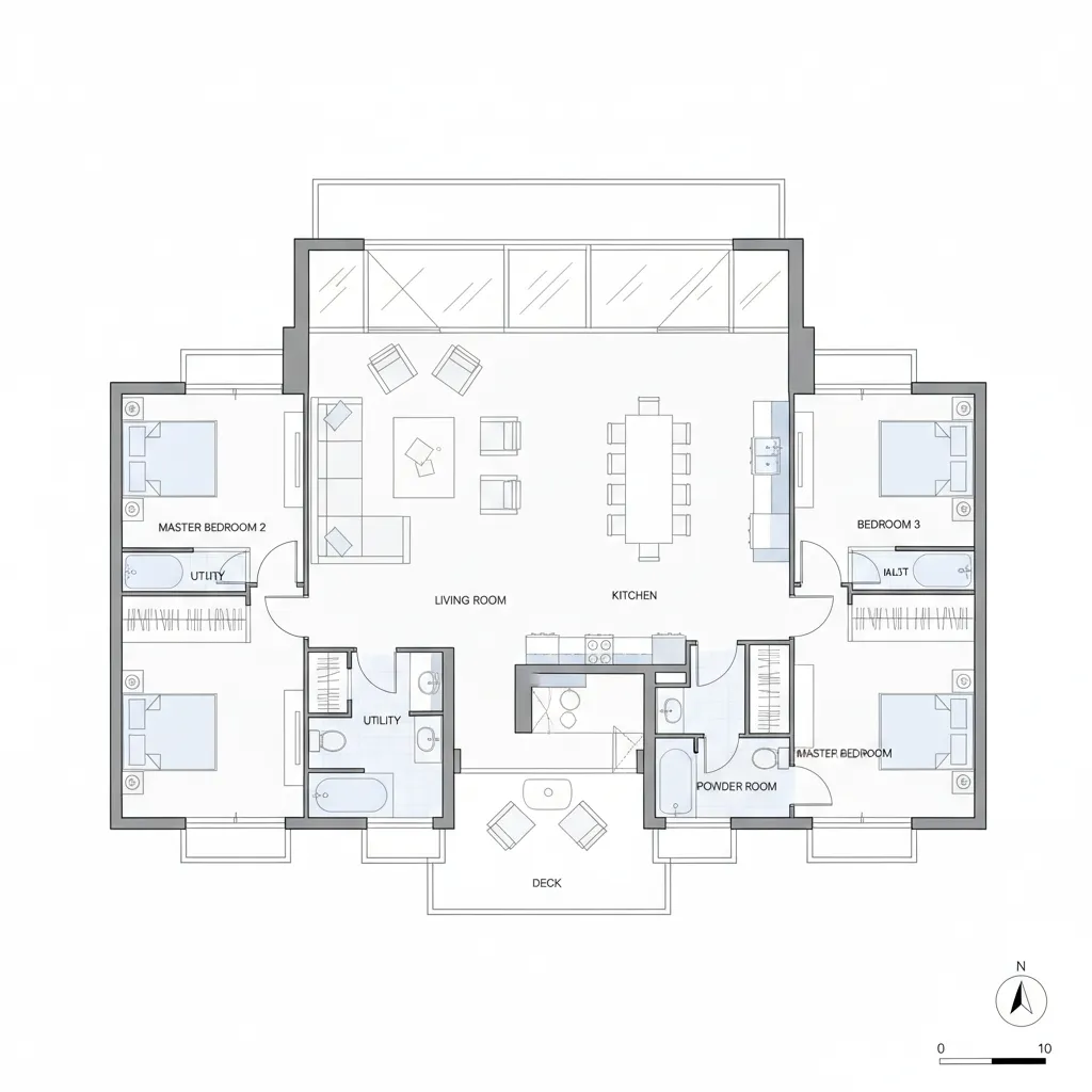 Plano arquitectónico de una casa tipo chalet