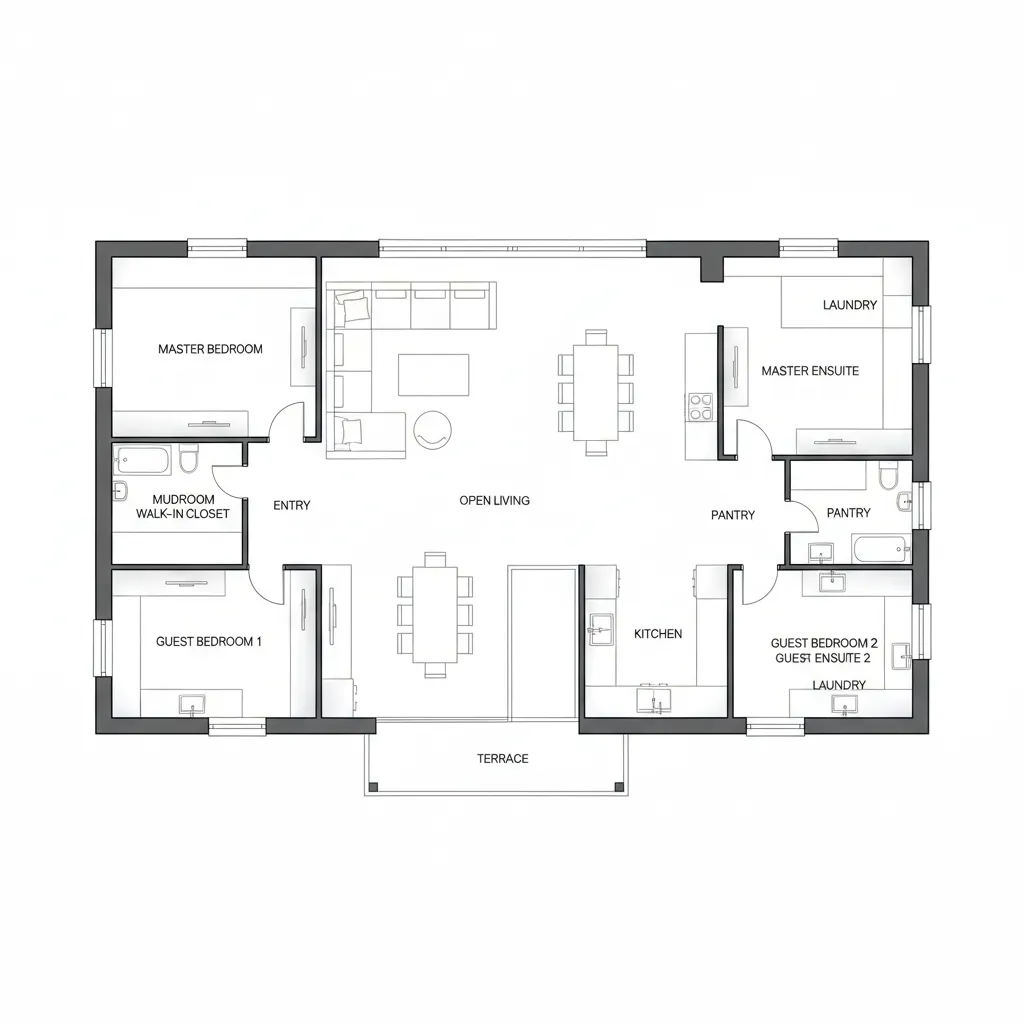 Plano arquitectónico de casa estilo chalet