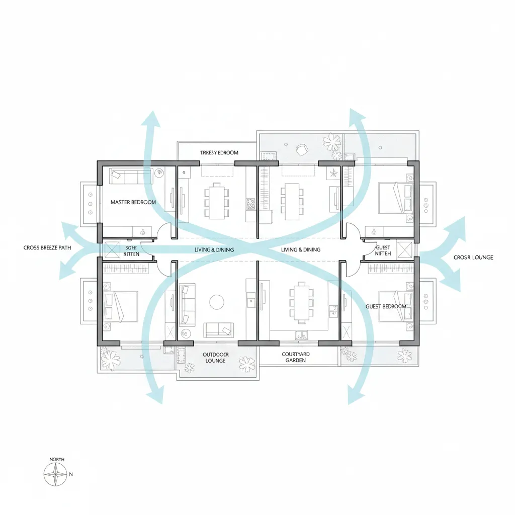 Plano arquitectónico de casa con ventilación cruzada