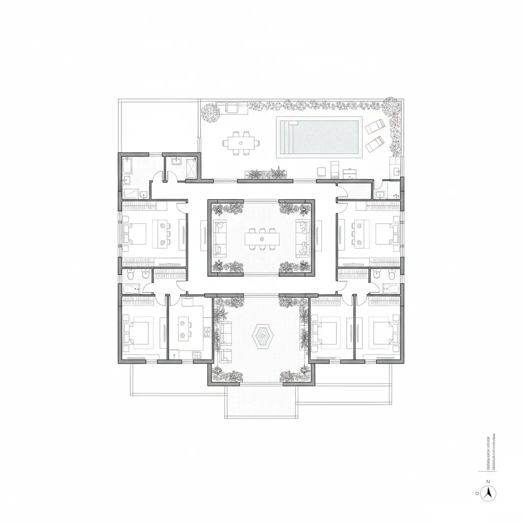 Plano arquitectónico de una casa colombiana con patio y terraza