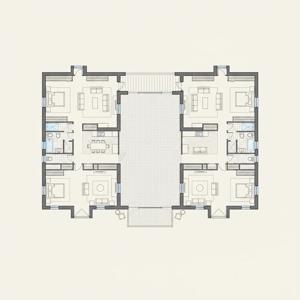 Symmetric house floor plan showing bedrooms living areas bathrooms and a very large central courtyard