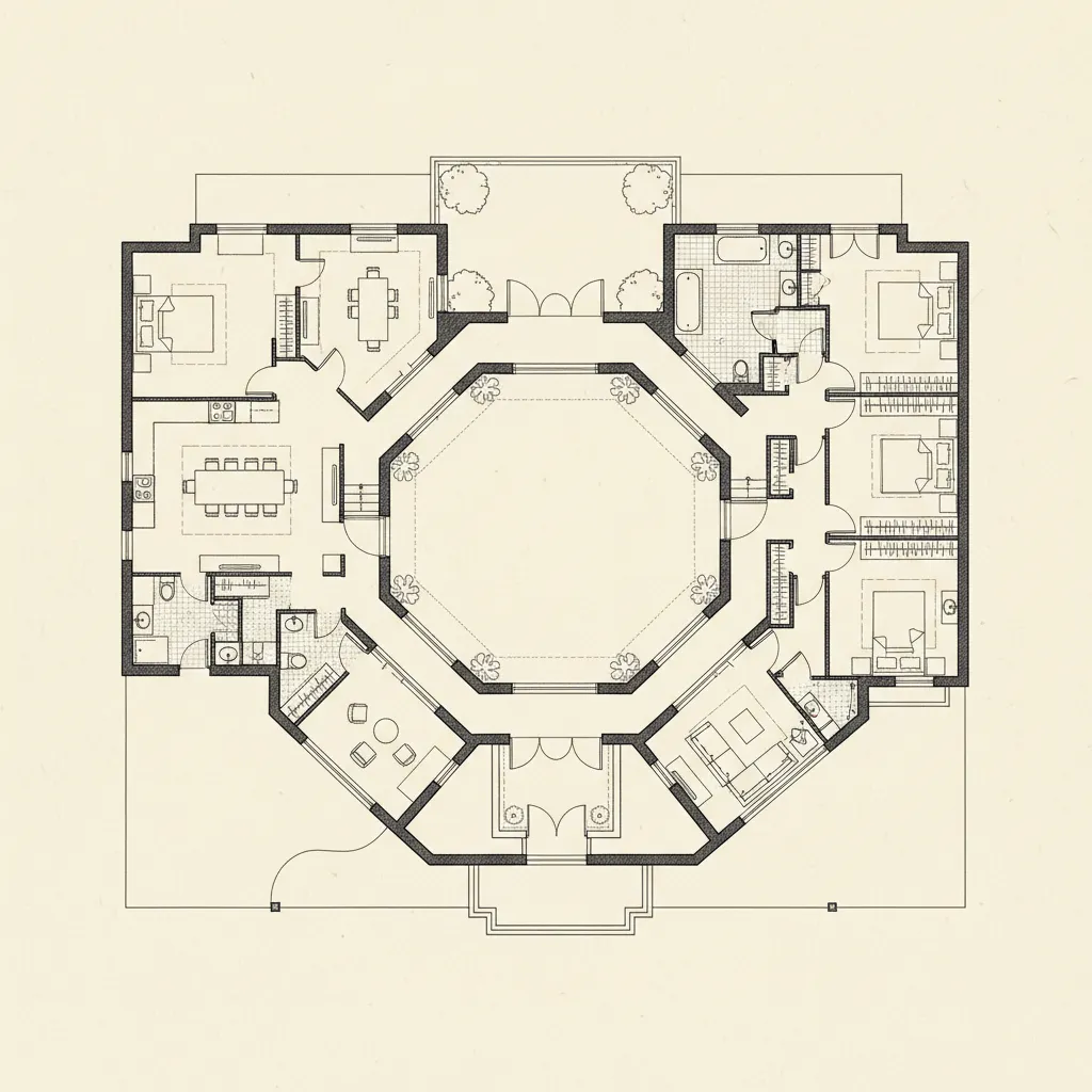 Plano arquitectónico de casa colonial con patio central