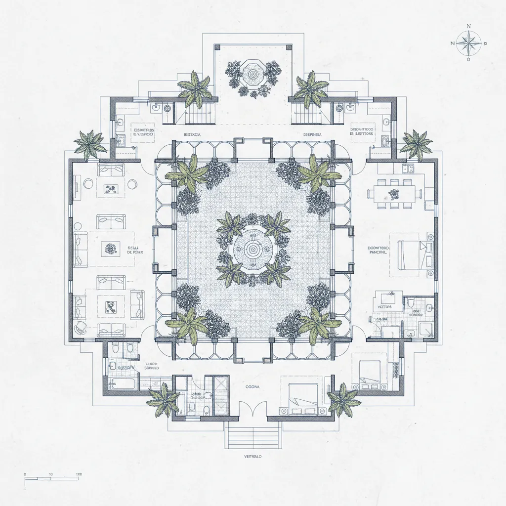 Plano arquitectónico de una casa colonial con patio central