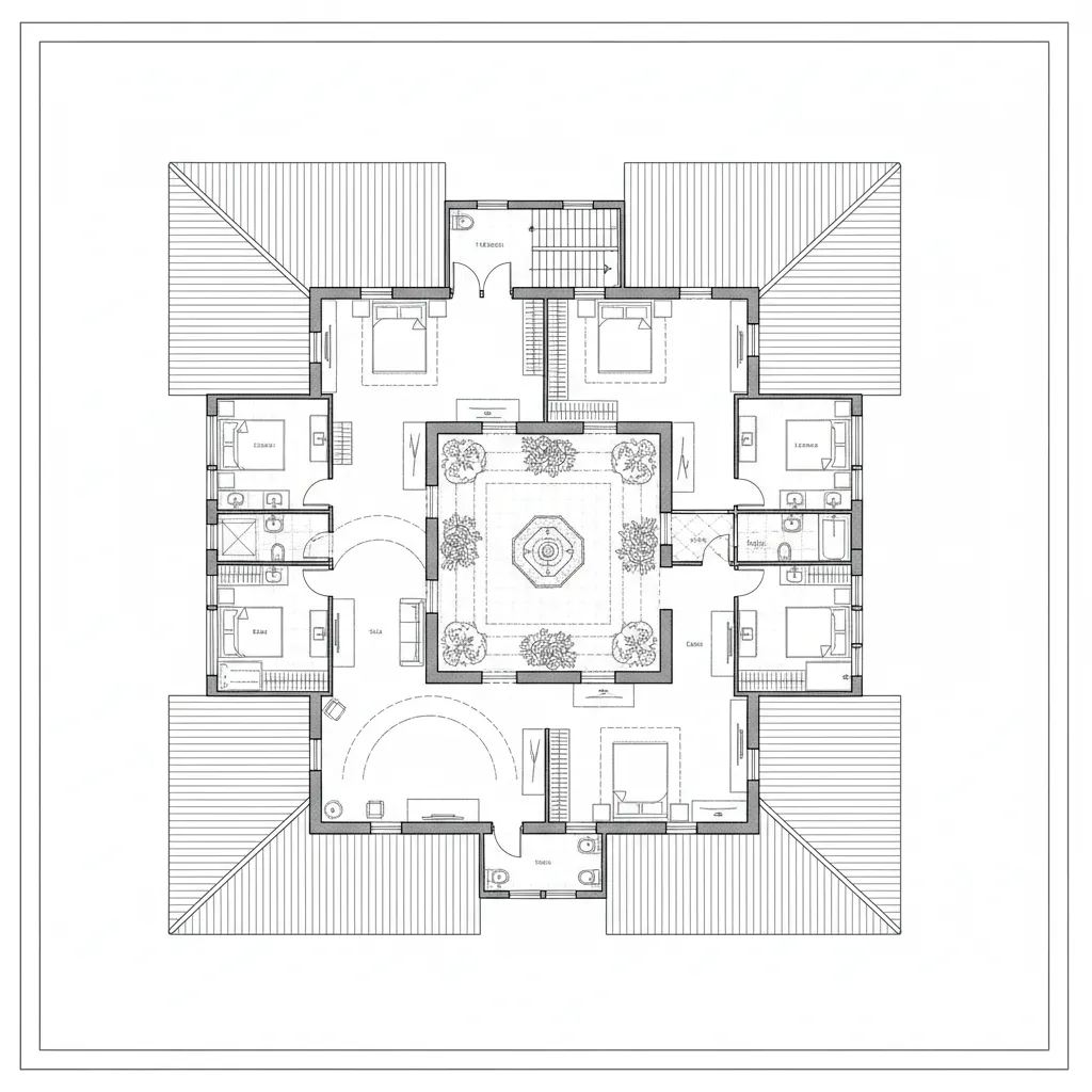 Plano arquitectónico de casa colonial organizada alrededor de un patio