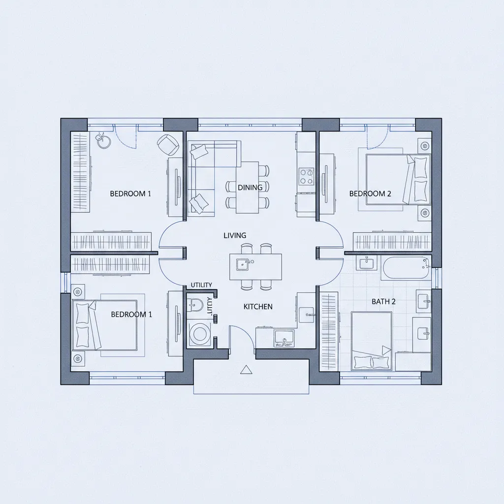Plano arquitectónico de casa compacta con distribución eficiente