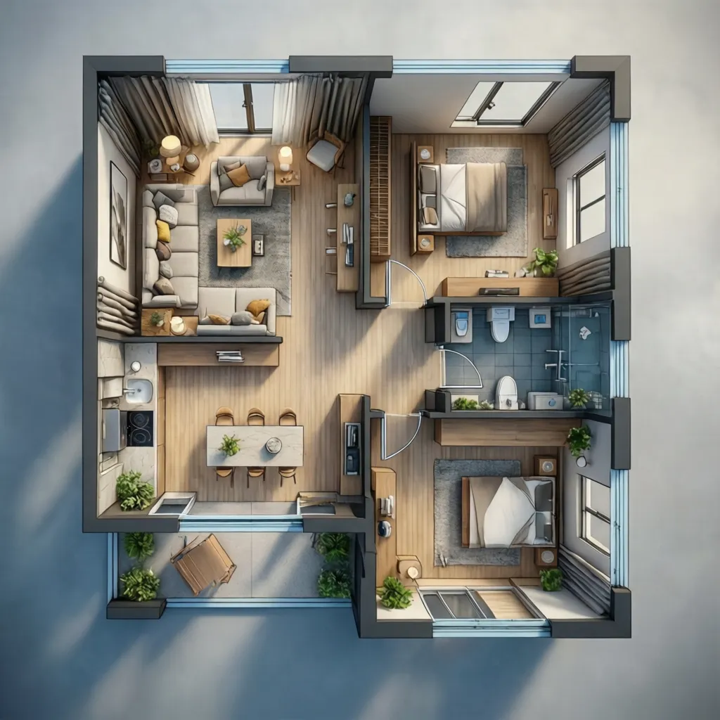 Plano compacto de una casa pequeña con distribución eficiente