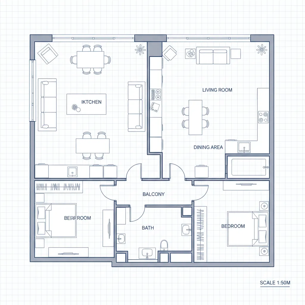 Plano completo de una vivienda en diseño interior 2D