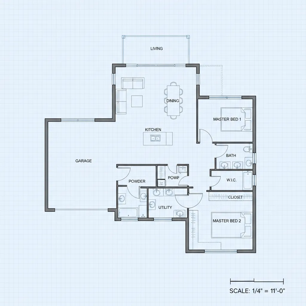 Plano arquitectónico de casa con garaje integrado para un coche